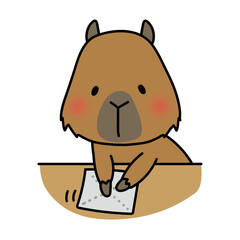 机を拭くお手伝いをするカピバラ