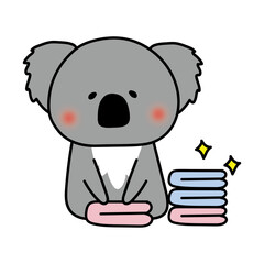 洗濯物をたたむお手伝いをするコアラ