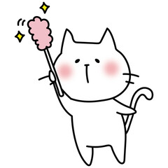 はたきでほこりを取る白い猫