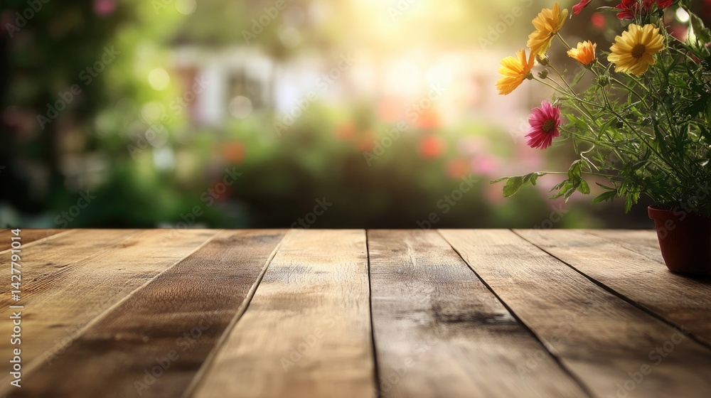 Poster rustic elegance captured in a photo of an empty wooden tabletop, ideal for product displays, with vi