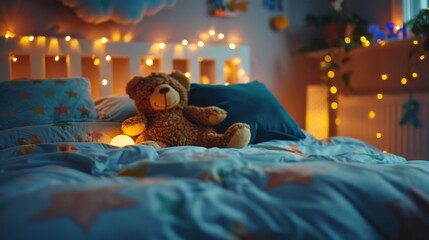 Childrens bedroom with glowing night lights and stuffed toys on a comfy bed