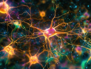 ultra magnification of a large cluster of neuron synapses in abstract dark space