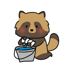 掃除用の雑巾を絞るタヌキ