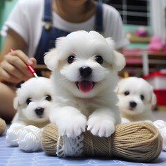 Obraz premium A Trio of Adorable Fluffy White Puppies Engaging with Balls of Yarn While a Person Gently Interacts with One of Them in a Cozy Indoor Setting.