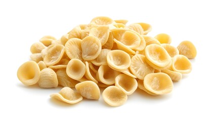 A close-up shot of a pile of uncooked orecchiette pasta isolated on a bright white background, perfect for food blogs and recipe websites.