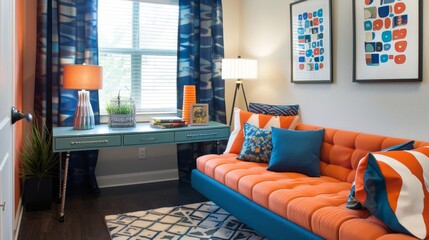 Teen room with blue study desk and bold orange sofa in modern decor