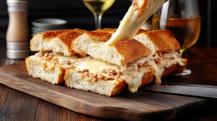 Person Slicing Freshly Made Sandwich with Knife on Wooden Cutting Board