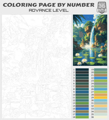 Fototapeta premium Coloring Page by Numbers – Tropical Waterfall and Lotus Pond (Advanced Level)