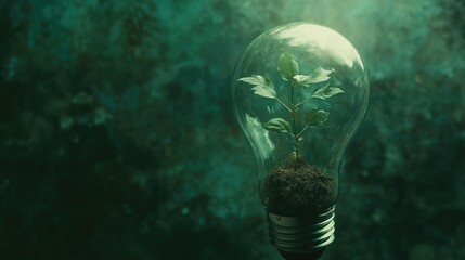 a green light bulb with a plant inside of it, green energy, environmental light