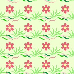 Flowers on a wavy line in green tones seamless