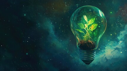 a green light bulb with a plant inside of it, green energy, environmental light
