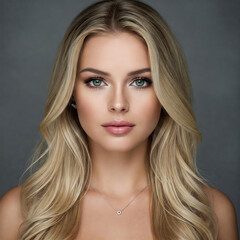 Naklejka premium Portrait of a glamorous young woman with long blonde hair, elegant and refined