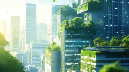 rendering of a building with a solar array on top of it, in an eco city
