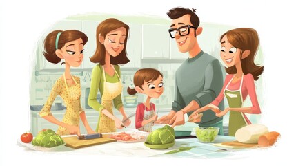 Energetic family cooking together in the kitchen creating a healthy meal together filled with joy and laughter