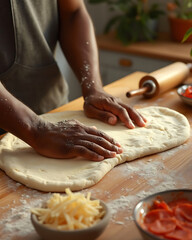 African male preparing pizza dough in rustic kitchen setting.