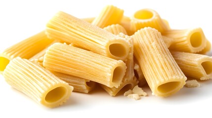 A close-up shot of uncooked rigatoni pasta pieces on a white background showing texture and detail.
