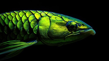 Green fish profile, aquatic life, dark background, nature