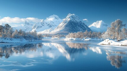 Fototapeta premium Snow-capped mountains reflected in a frozen lake, winter landscape, serene nature scene, ideal for travel brochures