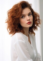 Fototapeta premium Short Red Curly Hair Woman White Blouse Beauty Portrait