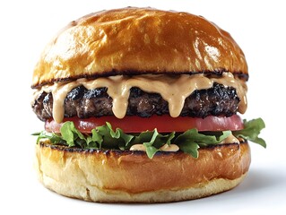 A juicy grilled beef hamburger with melted cheese sauce, lettuce, and tomato on a toasted bun.