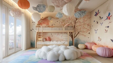 A whimsical kids' room with a fluffy cloud-shaped rug in the middle