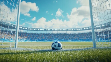 Soccer stadium with a ball at the goal