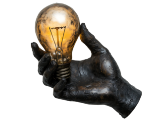 single hand rising a light bulb on white background