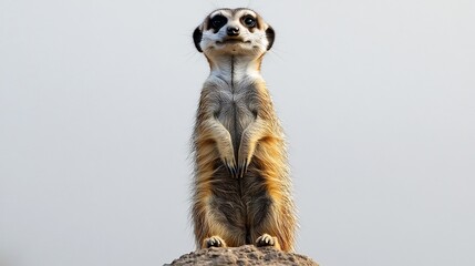 Charming meerkat standing on its hind legs alert expression tiny paws folded white background studio animal portrait