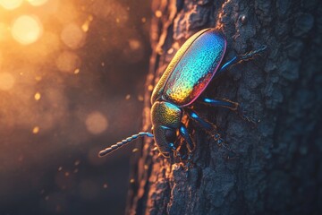 Fototapeta premium Vibrant iridescent beetle clinging to tree bark at sunrise.