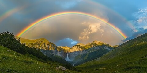 Obraz premium A double rainbow arching over a powerful turquoise waterfall in a mountainous valley.