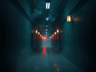 Naklejka premium corridor, hallway, hotel, interior, hall, architecture, light, building, long, floor, empty, door, tunnel, room, hospital, doors, office, dark, carpet, entrance, perspective, nobody, inside, design, i