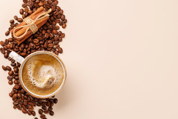 A steaming cup of freshly brewed coffee surrounded by rich, aromatic roasted coffee beans