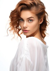 Fototapeta premium Auburn Short Curly Hair Woman White Blouse Looking Back Portrait