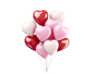 : Red, pink and white heart shaped balloons floating on top half on a transparent background