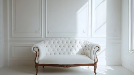 Elegant white sofa in minimalist room pure white background modern interior design concept