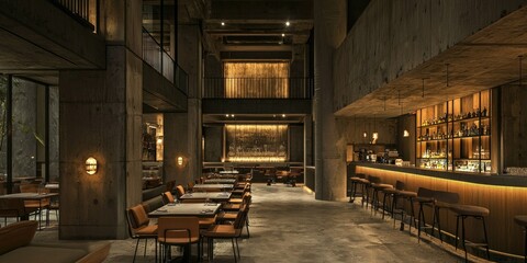 A dramatic, dimly lit concrete room with high ceilings and minimal decor