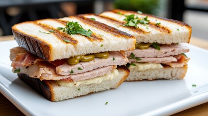 Delicious Sandwich with Meat and Cheese Served on a Rustic Plate