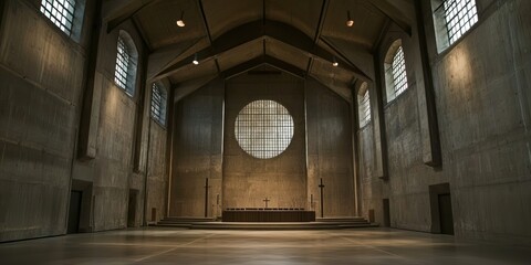 Fototapeta premium A dramatic, dimly lit concrete room with high ceilings and minimal decor