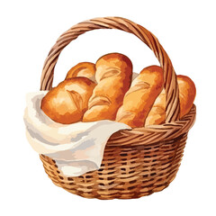 A basket of bread rolls cute watercolors illustration on white background