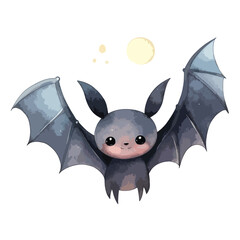 A bat flying against a full moon cute watercolors illustration on white background