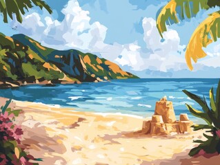 Tropical beach scene with sandcastle and mountains.