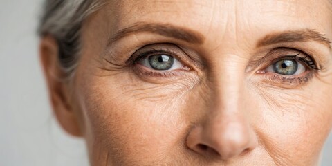 Close-up of an older woman's face, highlighting her expressive eyes and textured skin, conveying wisdom and experience.