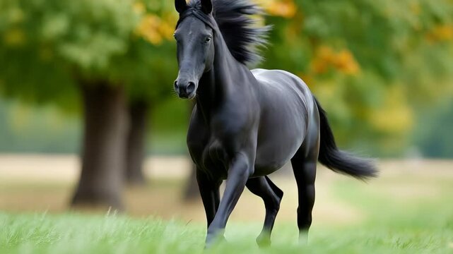 Black horse running through grassy field with trees in background  