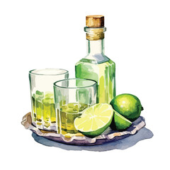 A bottle of tequila with shot glasses cute watercolors illustration on white background