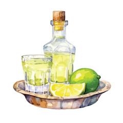 A bottle of tequila with shot glasses cute watercolors illustration on white background