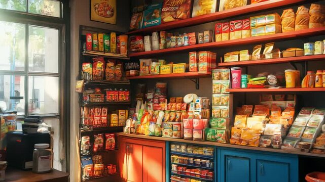 A store with a lot of food and drinks. Scene is cheerful and inviting