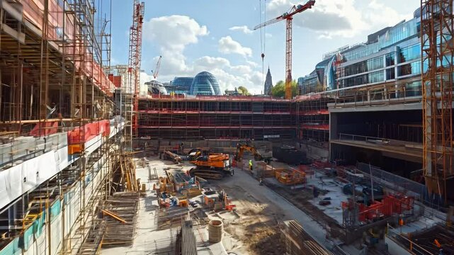 A large, empty building with a yellow crane in the middle. The crane is positioned in the center of the building, and it is in the process of being dismantled or repaired