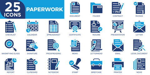 paperwork, document, paper, contract, business, job, icon set. Outline icons collection. Simple vector illustration