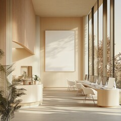Modern minimalist lobby interior with large blank wall