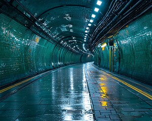 Obraz premium Dark, wet tunnel. Interior view of a long, curved subterranean passageway, lit by overhead lights, with a reflective, wet roadway. Walls are teal-green